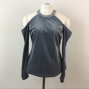 Guess Ribbed Corduroy Cold Shoulder Top Gray M